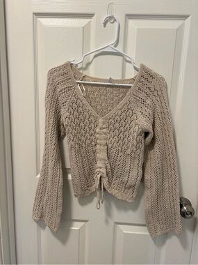 ONLY Beige V-Neck Drawstring Openwork Knit Sweater